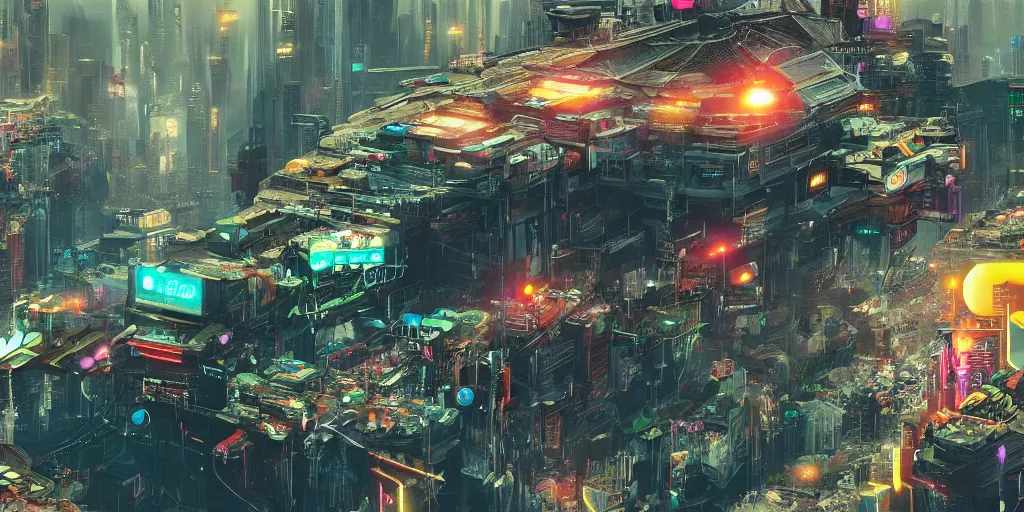 Image similar to a cinematic composition depicting : a computer run degrading cyberpunk world, on top of the mountain a mysterious neural network is using its transformative energy to transition to a hopeful to lush solarpunk civilization