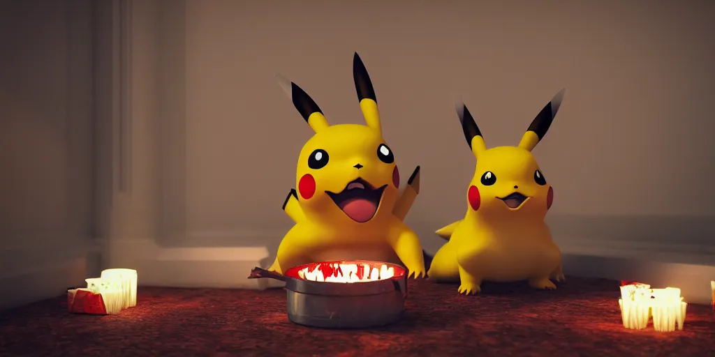 Prompt: pikachu devouring a dog sharp teeth burtal eyes scary mouth dark room red candles trash bin octane unreal engine render 8k photorealistic extreme detail textured