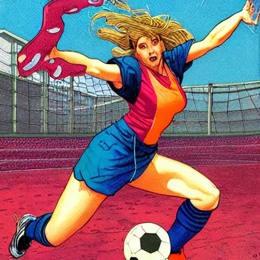 Image similar to a succubus playing soccer, colorful Epic portrait by james gurney and mœbius.