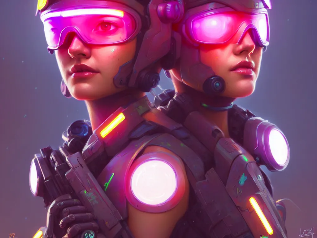 Prompt: portrait neon cyberpunk tracer soldier girl, helmet, desert, armored, highly detailed, digital painting, face detail, sharp focus, art, illustrations by loish and ayanamikodon and irakli nadar and rossdraws and wlop