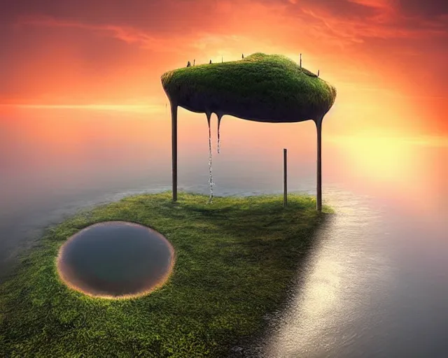 Image similar to a surreal landscape at sunset with a immense gigantic ornated iron chalice cup with a lake inside, water in excess dropping by gediminas pranckevicius