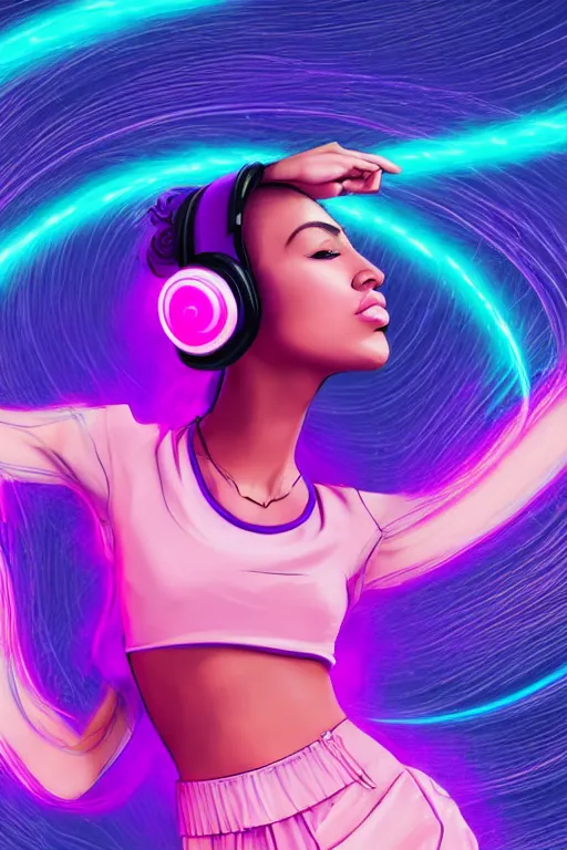 Image similar to a award winning half body portrait of a beautiful woman with stunning eyes in a croptop and cargo pants with ombre purple pink teal hairstyle dancing while listening to music with headphones on her ears by thomas danthony, surrounded by whirling illuminated lines, outrun, vaporware, shaded flat illustration, digital art, trending on artstation, highly detailed, fine detail, intricate