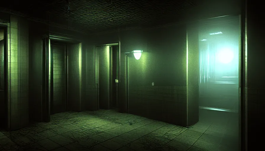 Image similar to Creepy Elevator, Volumetric Lighting, Anamorpic Lens, Cinematic Lighting, Hyperrealistic Rendering, Hyperdetailed, Intricate Details, Dynamic Lights, Raytracing