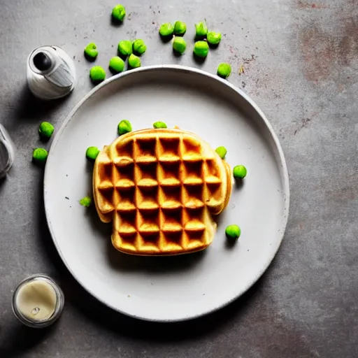 Prompt: A waffle with peas on it, photograph