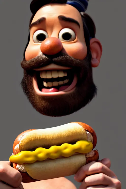 Prompt: pixar bearded man holding a hot dog, laughing, brown eyes, happy | glamorous oily soft polished rich ornate modern | weta disney pixar movie still photo | hi - fructose, sci fi fantasy, smooth, octane render, sharp focus, artstation, concept art | artgerm, mucha, rutkowski, feng zhu, wlop, loish