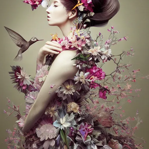 Image similar to 3 / 4 view of a beautiful girl wearing an origami dress, eye - level medium shot, fine floral ornaments in cloth and hair, hummingbirds, elegant, by eiko ishioka, givenchy, by peter mohrbacher, centered, fresh colors, origami, fashion, detailed illustration, vogue, japanese, reallusion character creator