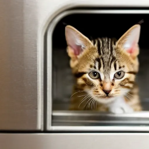 Image similar to a tabby kitten inside a kitchen oven looking at camera