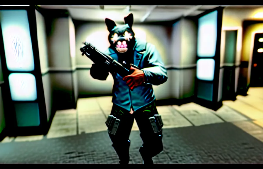 Image similar to screenshot from the pc game payday 2 demonstrating the fursuit unlock