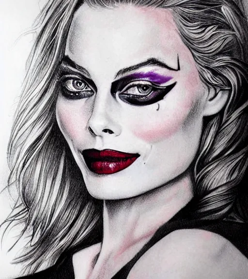 Prompt: tattoo design sketch of beautiful margot robbie portrait with joker makeup, in the style of den yakovlev, realistic face, black and white, realism tattoo, hyper realistic, highly detailed, beautiful drawing