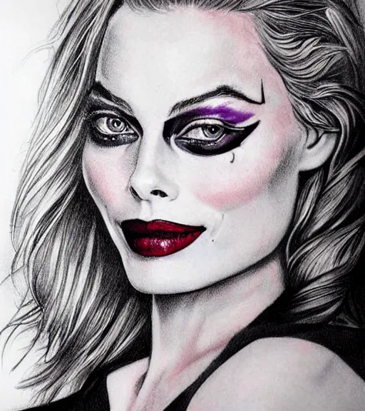 Image similar to tattoo design sketch of beautiful margot robbie portrait with joker makeup, in the style of den yakovlev, realistic face, black and white, realism tattoo, hyper realistic, highly detailed, beautiful drawing