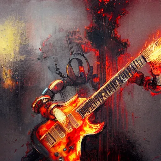 Image similar to a biomechanical robot playing guitar, flames shooting from guitar, ruined street, blood moon, by Jeremy Mann, stylized, detailed, realistic, loose brush strokes