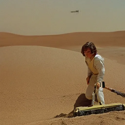 Image similar to anakin skywalker vacuuming the sand in tatooine