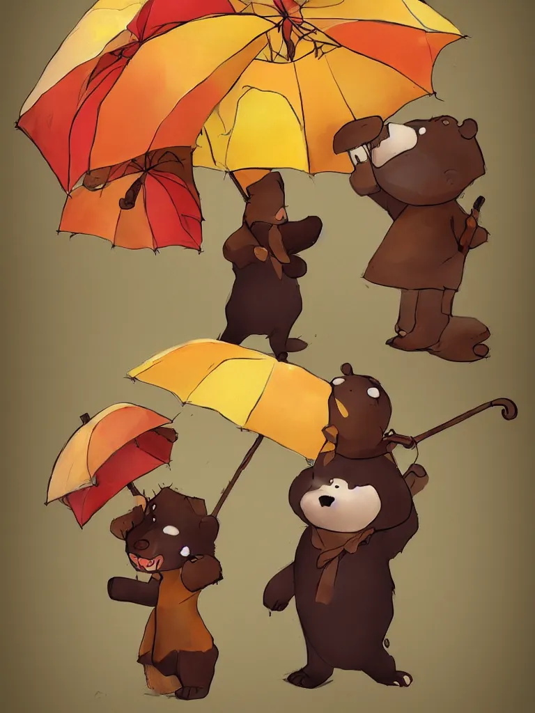 Image similar to autumn a bear with an umbrella cartoon trending on artstation