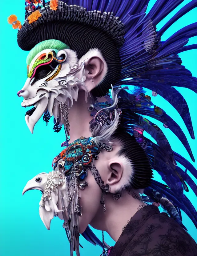 Image similar to 3 d goddess close - up profile portrait punk with mohawk with ram skull. beautiful intricately detailed japanese crow kitsune mask and clasical japanese kimono. betta fish, jellyfish phoenix, bio luminescent, plasma, ice, water, wind, creature, artwork by tooth wu and wlop and beeple and greg rutkowski