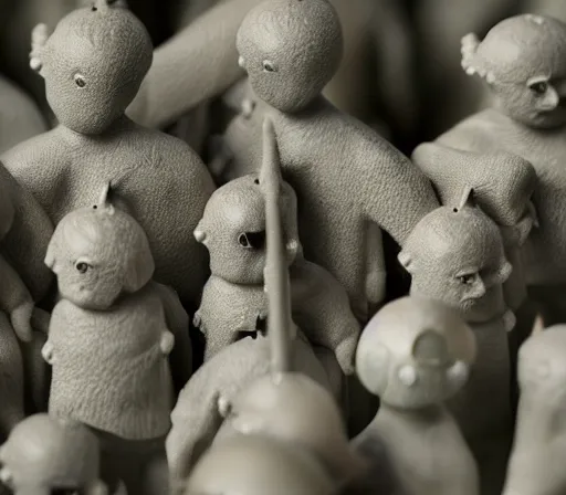 Prompt: miniature figurines of disturbing heironymus bosch monsters, close up, detail, tilt shift, product photography