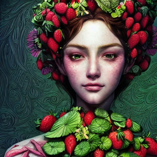 Image similar to the portrait of an absurdly beautiful, graceful, elegant, sophisticated woman made of strawberries and green petals, an ultrafine hyperdetailed illustration by kim jung gi, irakli nadar, intricate linework, bright colors, octopath traveler, final fantasy, unreal engine 5 highly rendered, global illumination, radiant light, detailed and intricate environment
