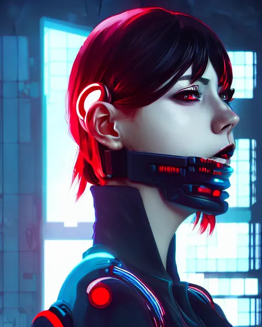 Image similar to a comic potrait of a cyberpunk cyborg girl with black and red parts, fine - face, realistic shaded perfect face, fine details. night setting. very anime style. realistic shaded lighting poster by ilya kuvshinov katsuhiro, unreal engine, global illumination, radiant light, detailed and intricate environment