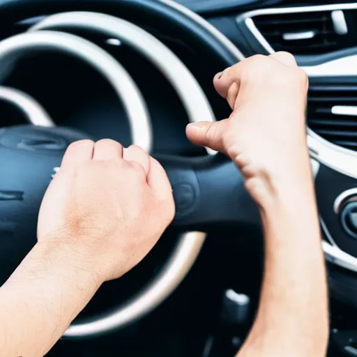 Image similar to extremely muscular hand gripping a steering wheel tightly, first person pov, detailed, inside car