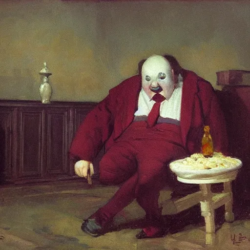 Prompt: capitalist clown glutton, a painting by illya repin