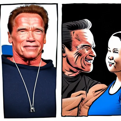 Image similar to Arnold Schwarzenegger and Greta Thunberg are happy together, realistic cartoon