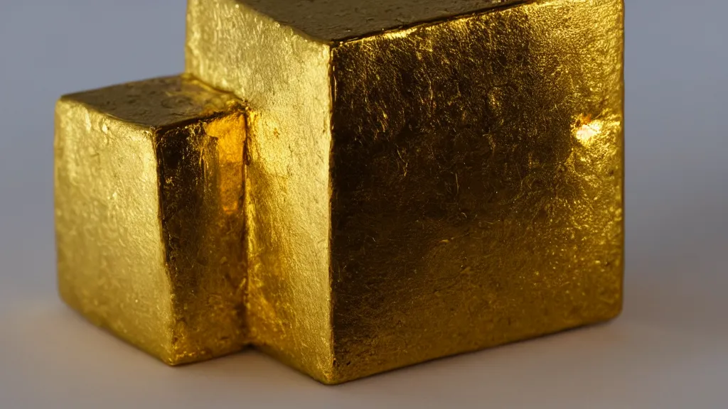Prompt: giant chunk of gold shaped like cube, sunlight, f - stop, high quality photography,