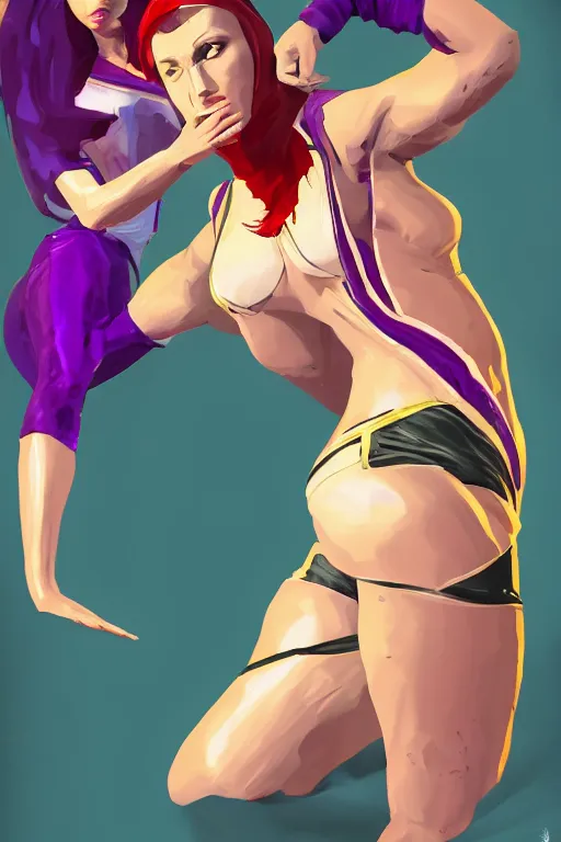 Image similar to arabian wrestling woman, cleanest posse, cleanest image without duplication, justify, parallel content, hyperrealistic anatomy body content, violet polsangi pop art, gta chinatown wars art style, sharp focus, bioshock infinite art style, incrinate, dynamic stretching, rgba color, white frame, balance proportion content