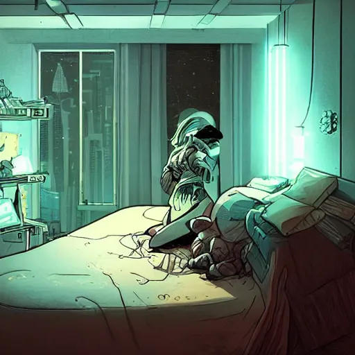 Image similar to cozy cyberpunk apartment room at night, cozy lighting, josan gonzalez