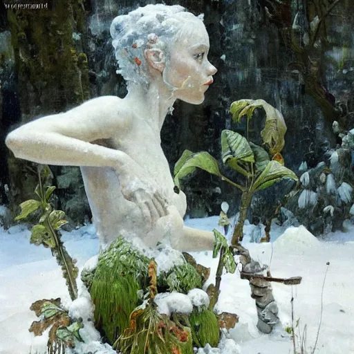 Prompt: a sculpture made of snow and ice and flower and plants, painting part by wojciech siudmak, part by ilya repin, part by max ernst, part by norman rockwell, artstation