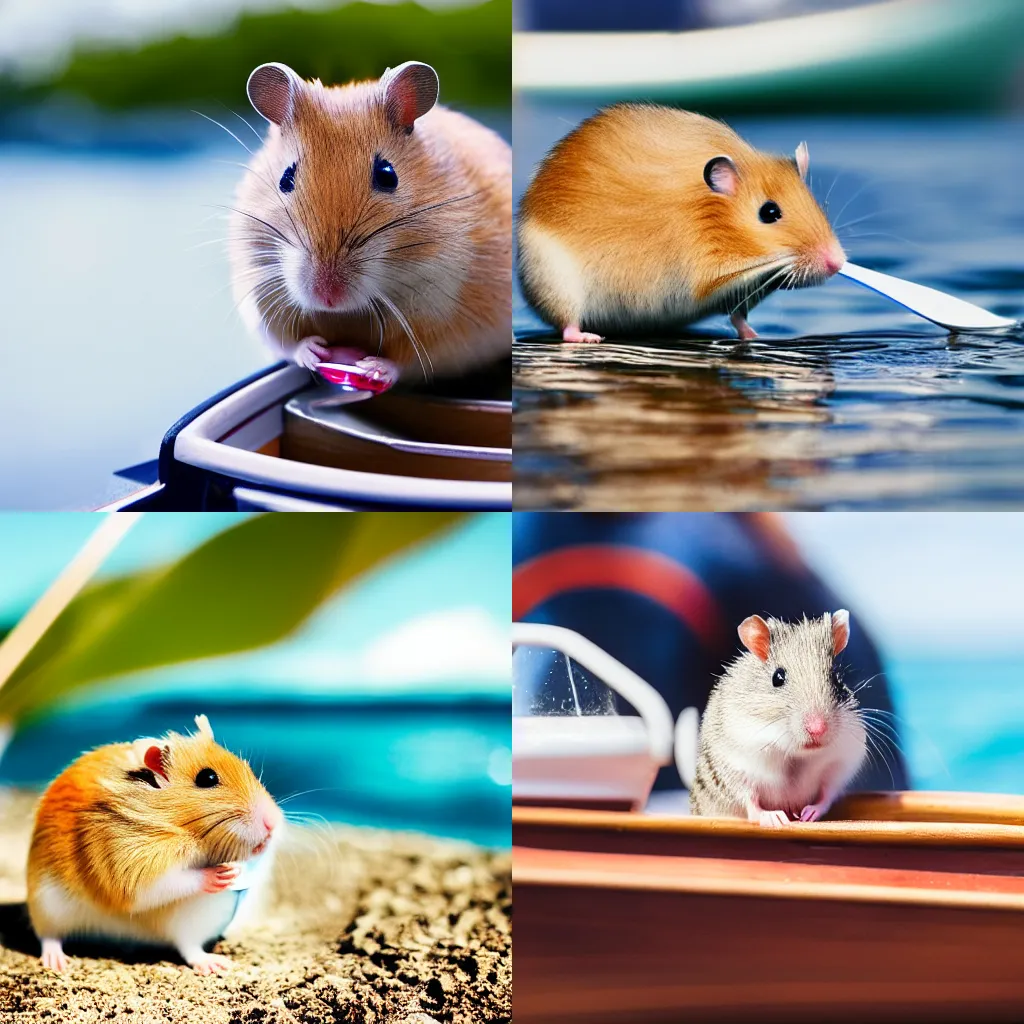 Prompt: a hamster drinking a martini in a boat in Hawaii, dslr photo, bokeh