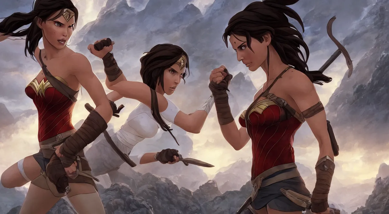 Prompt: A beautiful ultradetailed cartoon of Lara Croft holding hands with Wonder Woman, 4k, Raphael Lacoste, by Rossdraws and Bluesssatan and Mandy Jurgens and Stjepan Sejic, Legend of Korra, Tomb Raider, fanart, trending on artstation, highly detailed, soft lighting 8k resolution, dramatic lighting, unreal engine 5