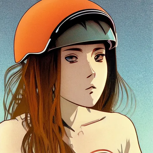 Prompt: portrait female cyclist, anime style, long hair, hair down, bike helmet, symmetrical facial features, modern age, hyper realistic, pale skin, 4 k, rule of thirds, extreme detail, detailed drawing, trending artstation, hd, modern, d & d, realistic lighting, by alphonse mucha, greg rutkowski, sharp focus, backlit