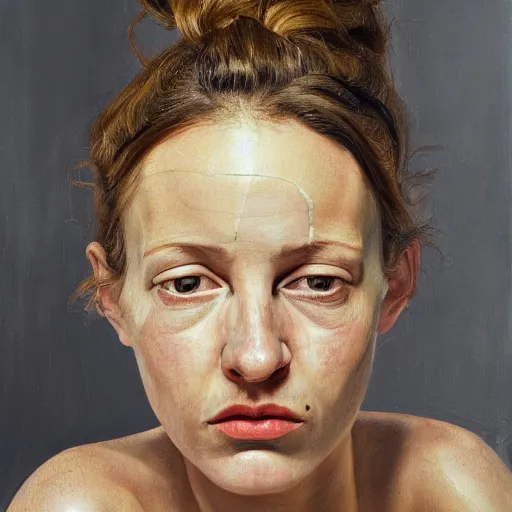 Prompt: high quality high detail painting by lucian freud, hd, 3 0 year old girl portrait, photorealistic lighting