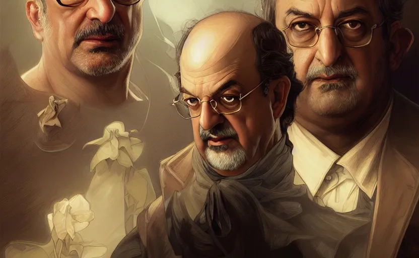 Image similar to portrait of salman rushdie, deep focus, d & d, fantasy, intricate, elegant, highly detailed, digital painting, artstation, concept art, matte, sharp focus, illustration, art by artgerm and greg rutkowski and alphonse mucha