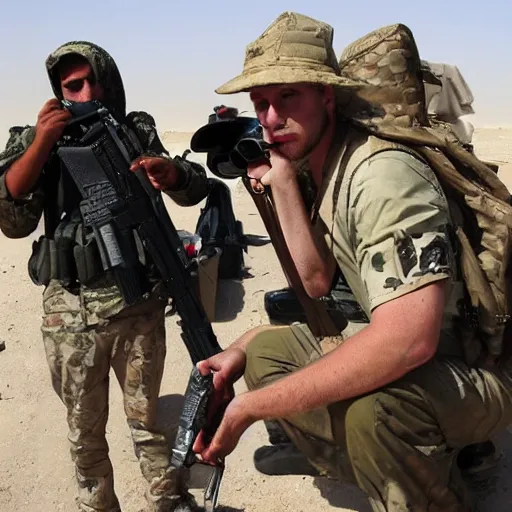 Prompt: A white dude chilling in iraq holding some guns and smoking a blunt