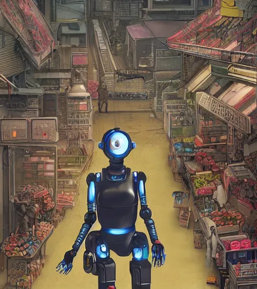 Image similar to a robot with a digitized female face for a head, walking through a market Industrial Scifi, detailed illustration, character portrait, by Martin Grip and Moebius