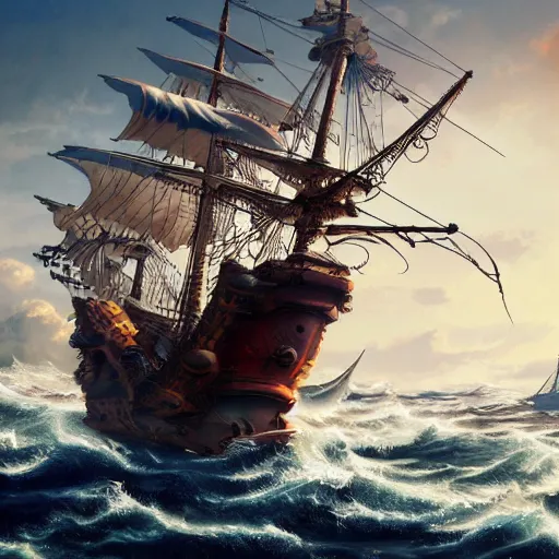 Image similar to A Wide Shot artistic masterpiece of a giant pirate ship, sun, clouds, ocean, 4k, ultra detailed, artstation