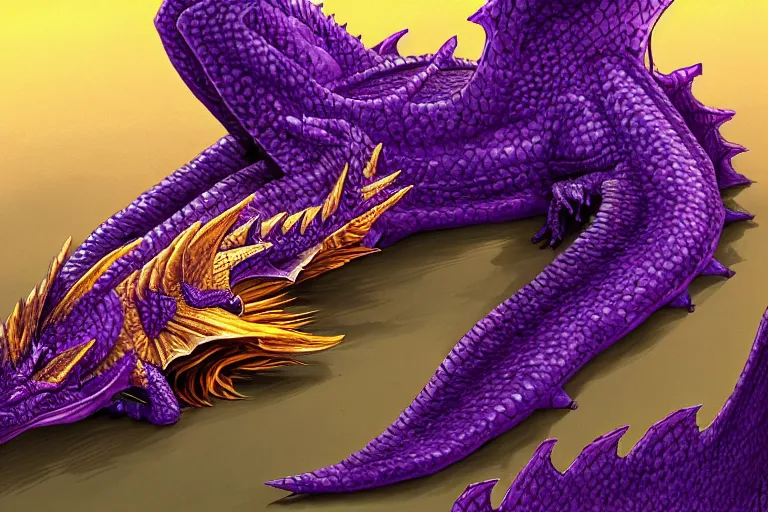 Image similar to a purple and gold dragon laying on its back, relaxing dragon, detailed digital art, artstation