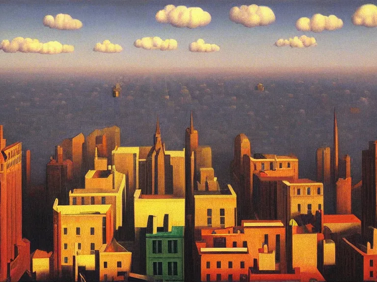 Image similar to city on clouds, painting by rene magritte, centered, high detail, high resolution