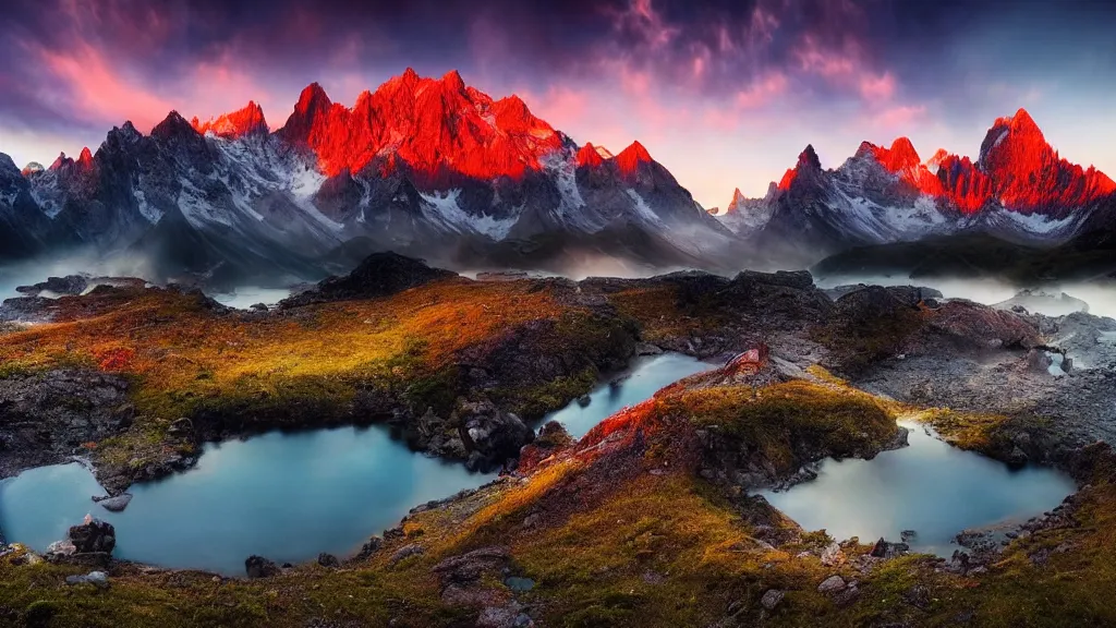 Image similar to amazing landscape photo of mountains with lake in sunset by marc adamus, beautiful dramatic lighting