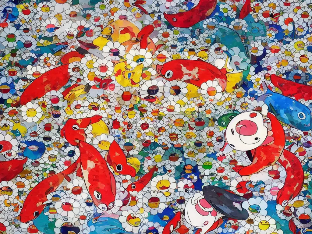 Image similar to colorful koi carp, illustration, concept art, colorful, beautiful, studio ghibli, takashi murakami, aoshima chiho, manga, cute and adorable