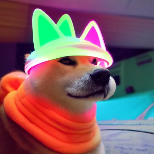 Image similar to Shiba Inu wearing a neon coloured hat while on a spaceship