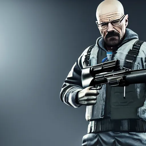 Image similar to walter white holding a machine gun in rainbow six siege, 4 k, highly detailed