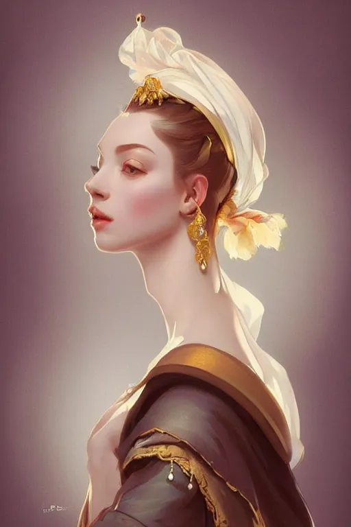 Prompt: pearl with a girl earring, intricate, elegant, highly detailed, digital painting, artstation, concept art, smooth, sharp focus, illustration, art by artgerm and greg rutkowski and alphonse mucha