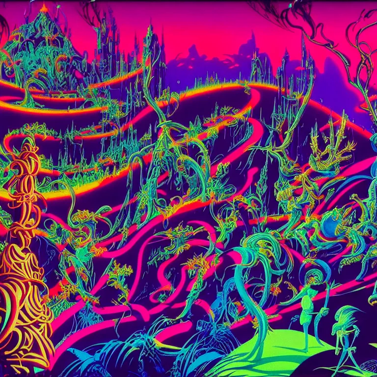 Image similar to strange holiday, synthwave, bright neon colors, highly detailed, cinematic, eyvind earle, tim white, philippe druillet, roger dean, ernst haeckel, lisa frank, aubrey beardsley, stanley kubrick