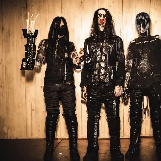 Prompt: swedish cyberpunk black metal band, guitarists, bassist, drummer, vocalist, all black cyberpunk clothes, robotic prosthetic limbs, dermal implants, cyborg satan, futuristic, realistic, promo photograph, epk, in a room full of candles, high quality, highly detailed
