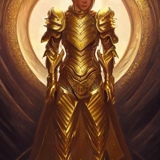 Image similar to Lionel Messi wearing a beautiful golden armor, D&D, fantasy, intricate, elegant, highly detailed, digital painting, artstation, concept art, matte, sharp focus, illustration, art by Artgerm and Greg Rutkowski and Alphonse Mucha