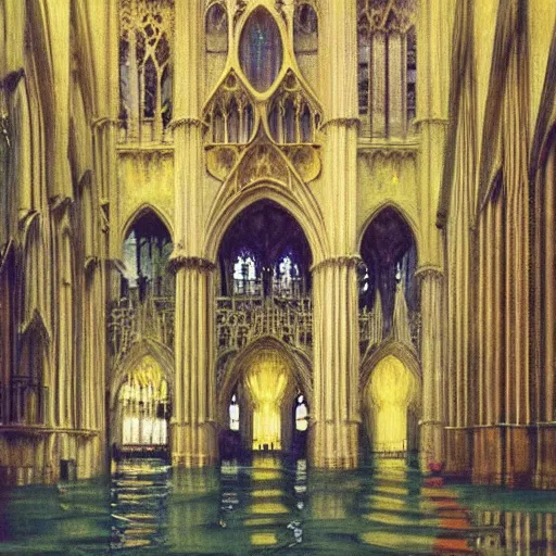 Prompt: a flooded gothic cathedral made of ivory and gold filigree, film still by edward hopper, by Bosch, by klimt, art noveau, highly detailed, strong lights, liminal, eerie, Bright pastel colors