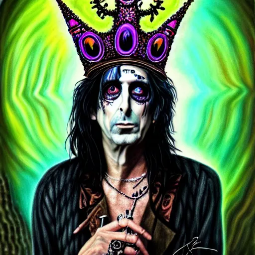 Prompt: An extremely psychedelic portrait of Alice Cooper wearing a crown, surreal, LSD, face, detailed, intricate, elegant, lithe, highly detailed, digital painting, artstation, concept art, smooth, sharp focus, illustration
