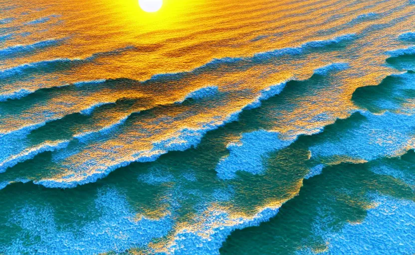 Prompt: top view on ocean waves at sunset, global illumination, highly detailed, 8 k