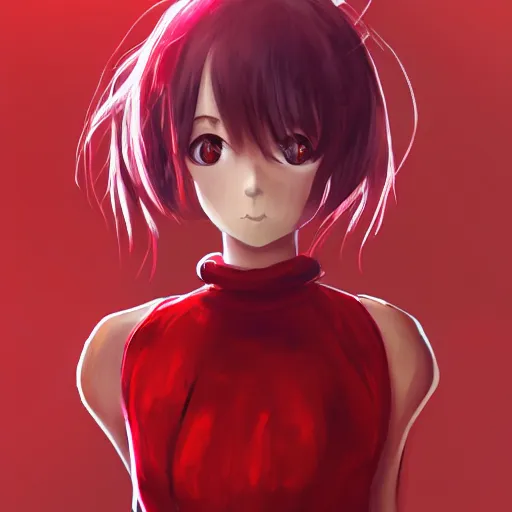 Prompt: a girl wearing a red dress, she is holding a skull head, anime art, HD, ambient lighting, artstation, smooth